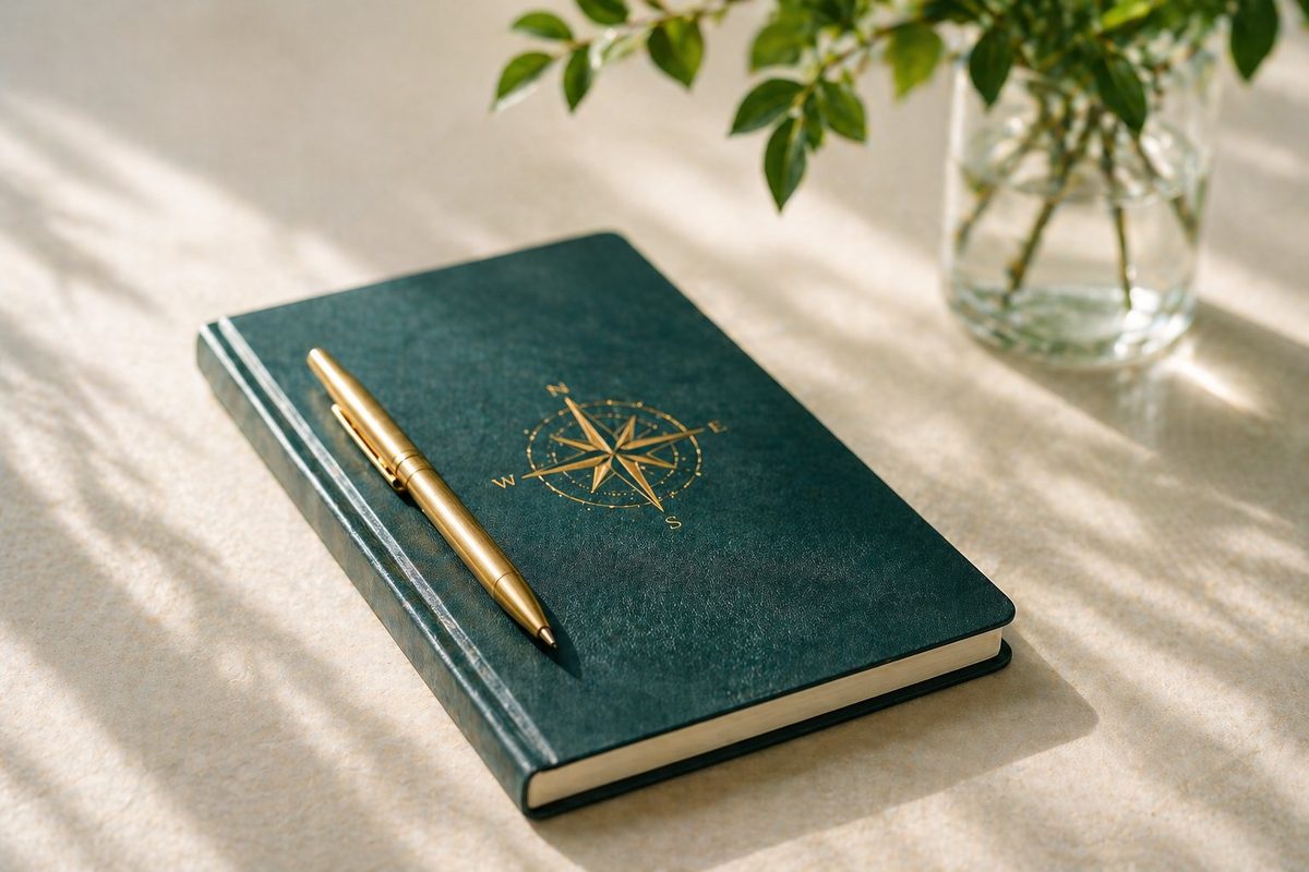 A leather-bound journal with a brass compass rose, on a paper-textured surface